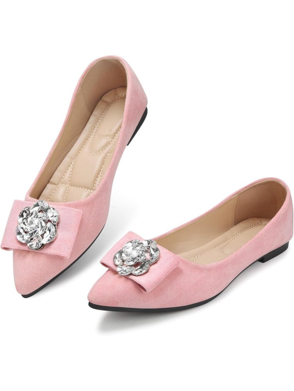 Women's Light Pink Pointed Toe Pearl Flats Faux Suede Comfort Dress Flats Casual